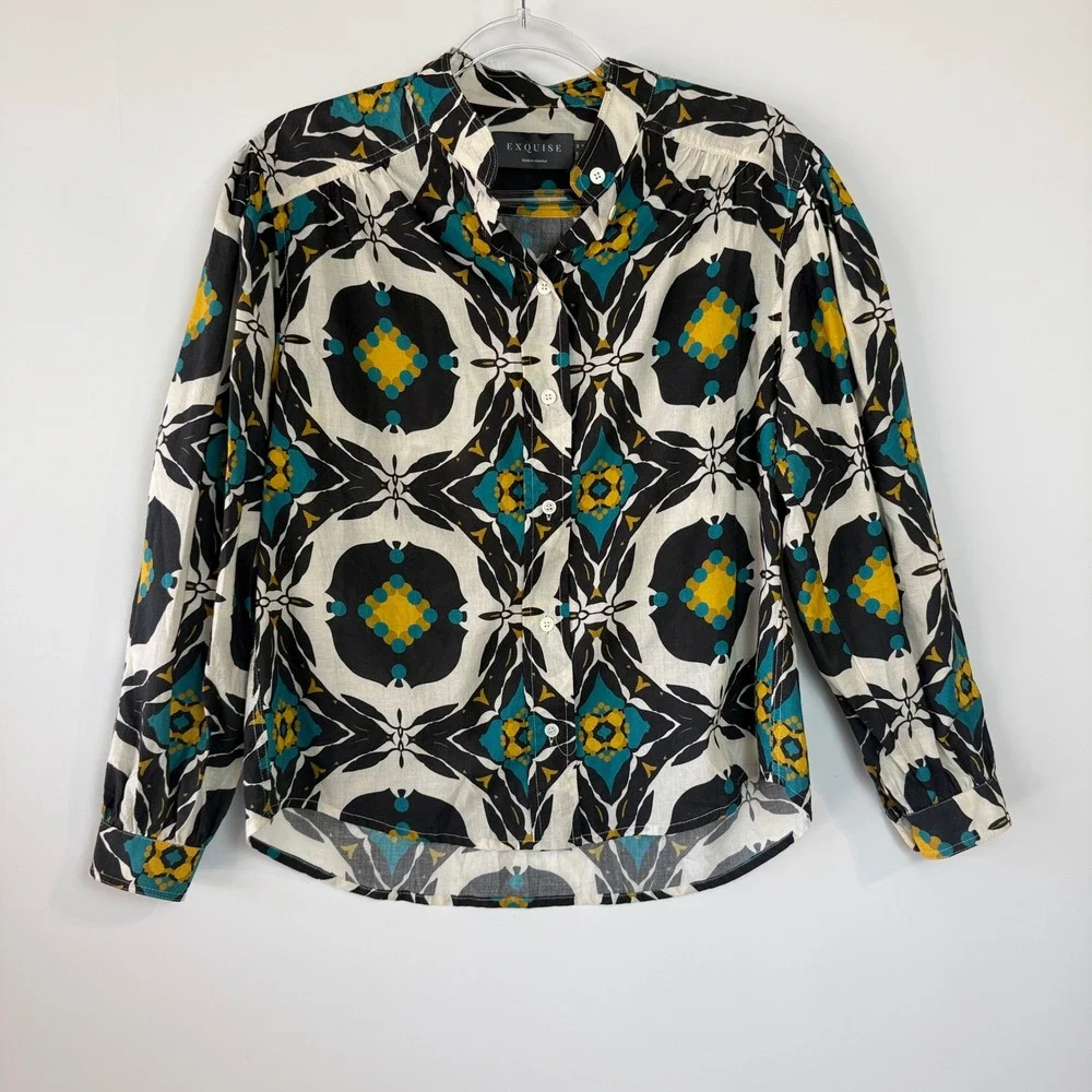 Anthropologie Exquise Button Down Shirt 4 Multi Geometric Kaleidoscope Print - Picture 2 of 15